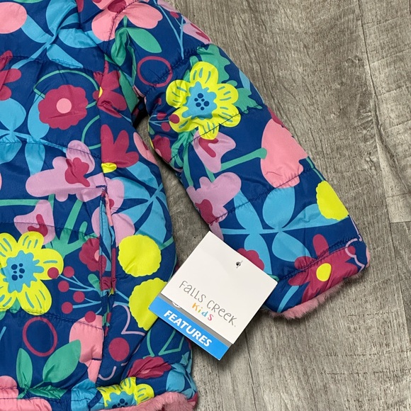 Falls Creek Girls 2T Toddler Reversible Puffer Jacket Coat Faux Fur Flowers Hood - Picture 8 of 9